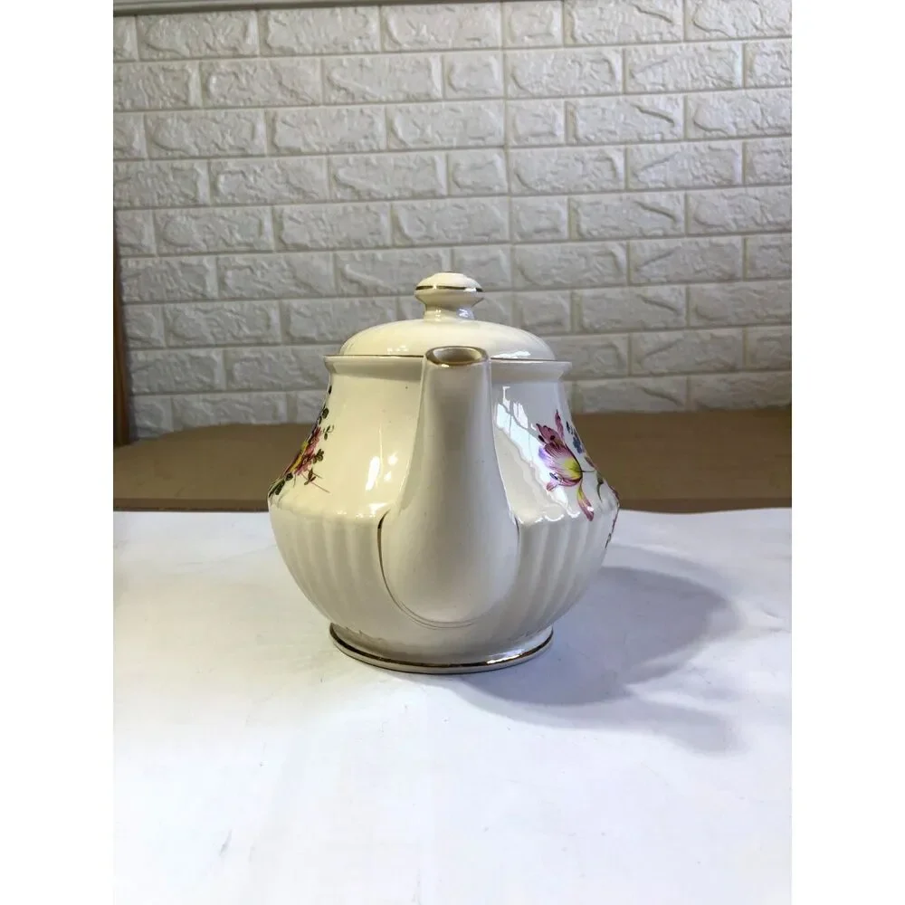 Vtg 50s Sadler England Ribbed Teapot Cream Floral Bouquet Gold Trim MCM #3771 6